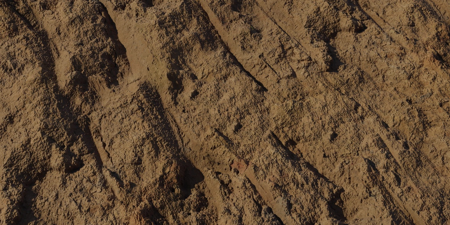 Free, 16K excavated soil wall texture showing dusty, dry sandy earth with deep grooves, uneven compacted clumps and a rough granular surface.