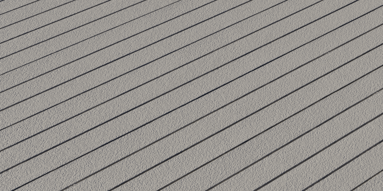 Free 8K texture of painted concrete cladding with horizontal grooves. Grainy, rough plaster surface, matte sheen, even beige tone and crisp lines.