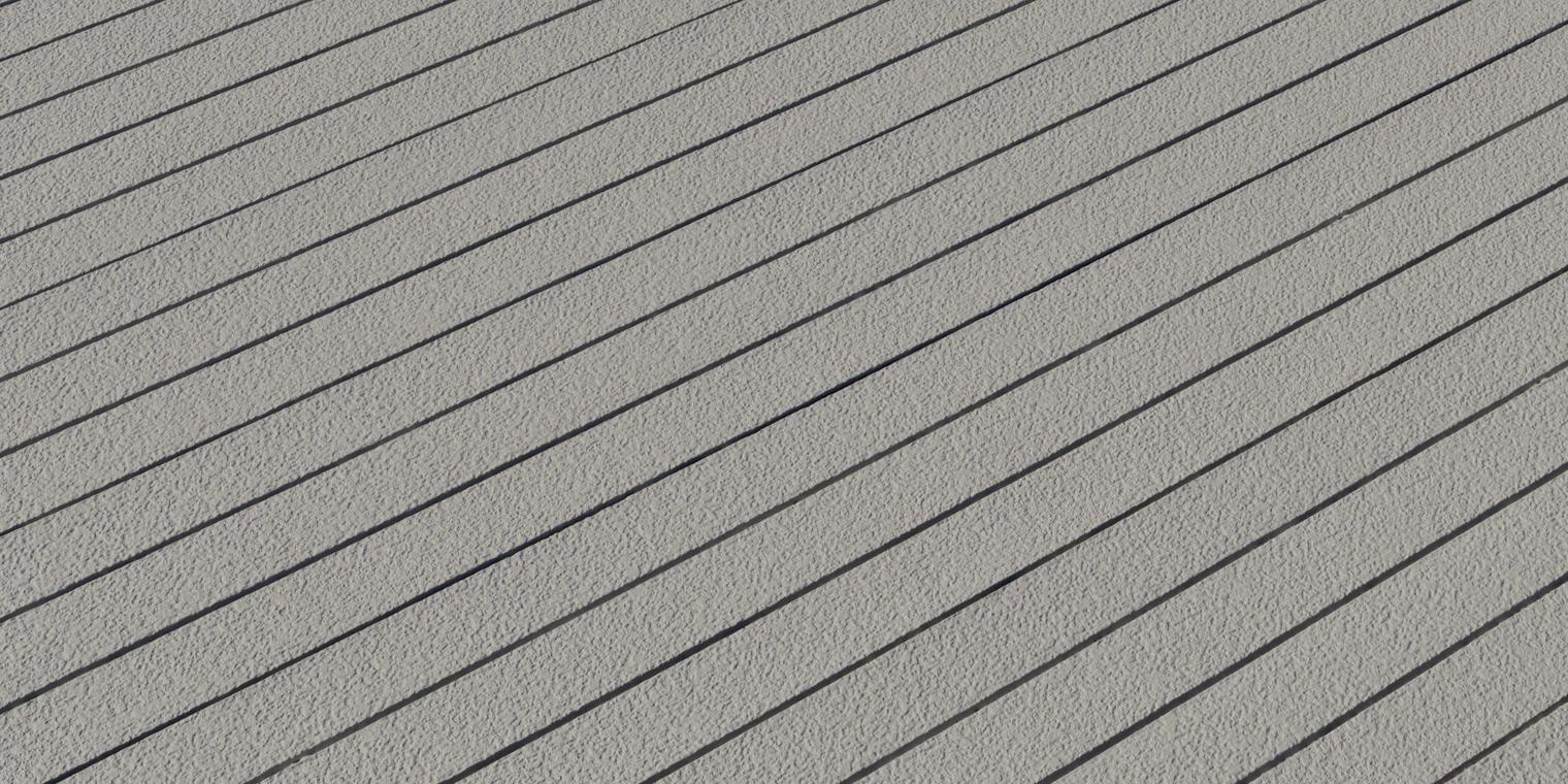 Free 8K texture of painted concrete cladding with horizontal grooves. Grainy, rough plaster surface, matte sheen, even beige tone and crisp lines.