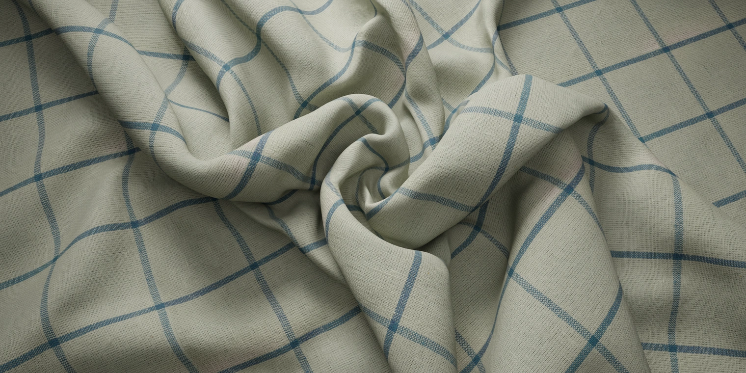 Free 8K cotton fabric texture with a soft, woven, slightly nubby surface and natural drape, olive‑khaki base with thin deep‑blue windowpane plaid grid.