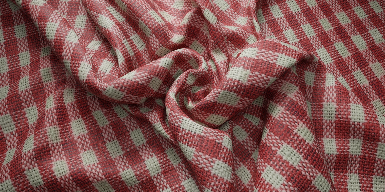 Free 8K texture of red-and-cream woven cotton: coarse towel-like checkered weave with visible yarns, soft matte surface and subtle fiber variation.