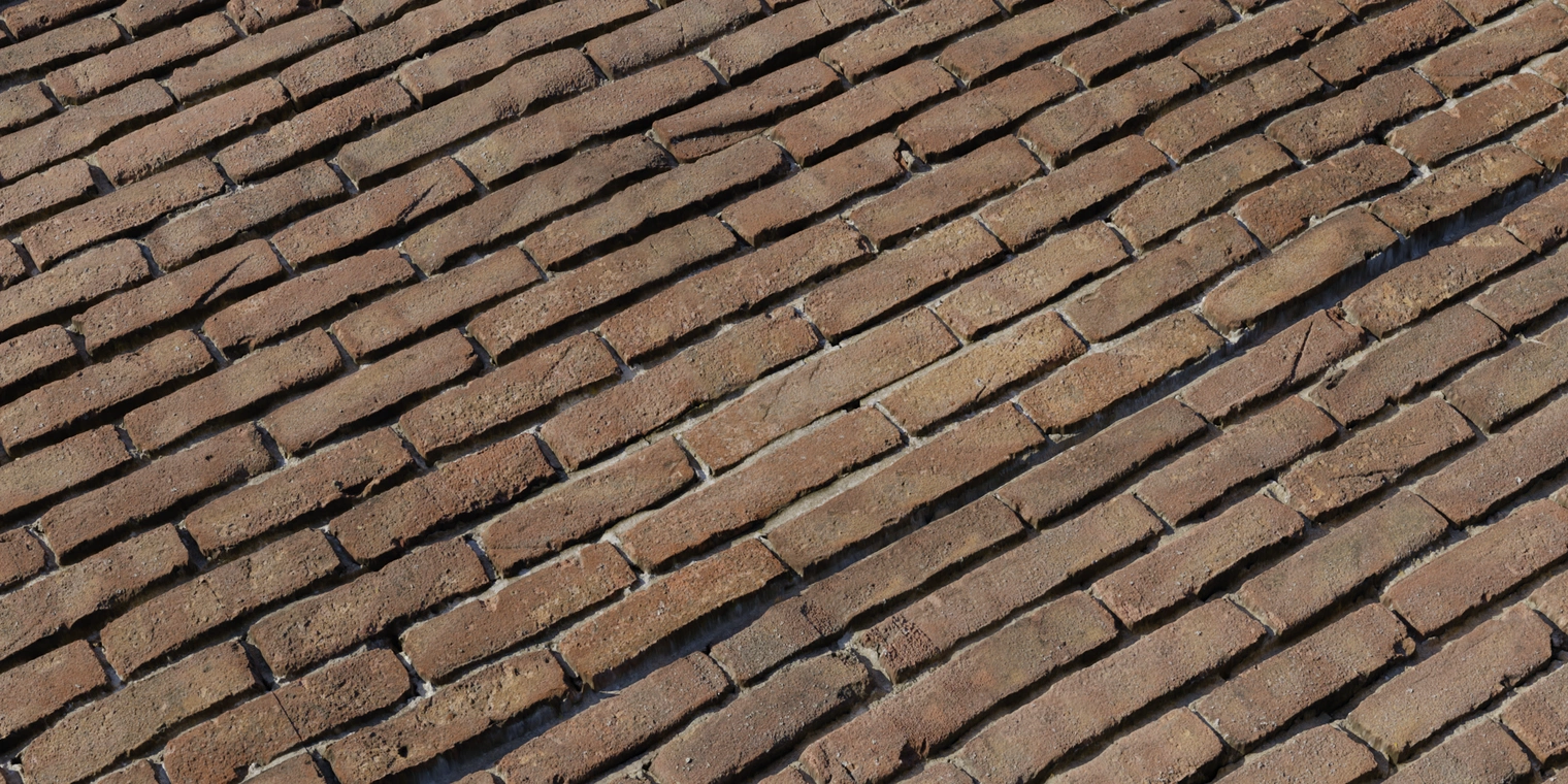 Free 8K texture of weathered red-brown factory facebrick with rough, chipped surfaces, deep mortar joints, uneven edges and subtle grime for an industrial, worn look.