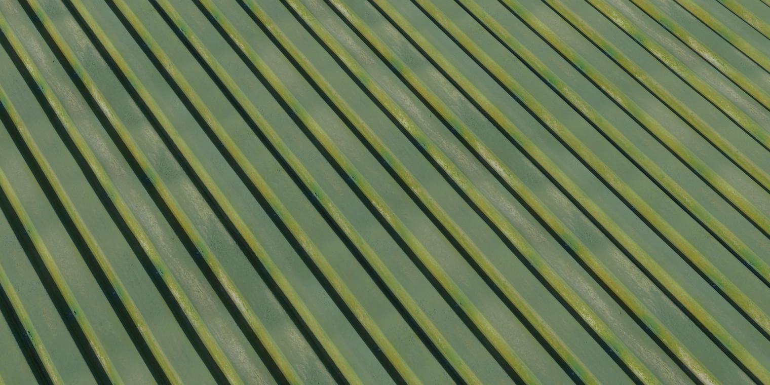 Free 8K texture: green corrugated metal wall with painted finish, subtle weathering, fine scratches and rivets, soft specular sheen and moderate roughness.