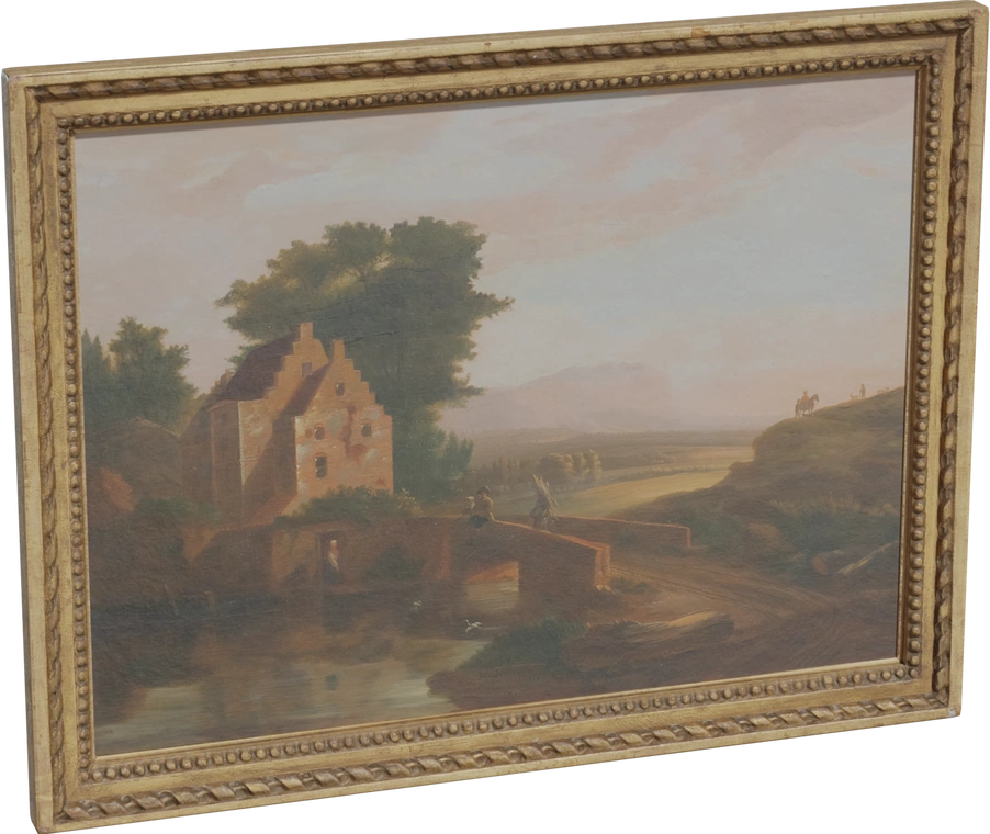 Free 8K model - ornate antique gilt picture frame with beaded and rope molding around a warm Dutch oil landscape of a mill, bridge, river and distant riders.