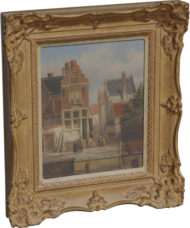 Free 8K model: ornate antique gold gilt frame with carved rococo flourishes, worn patina and an inset Dutch oil painting of gabled canal houses.