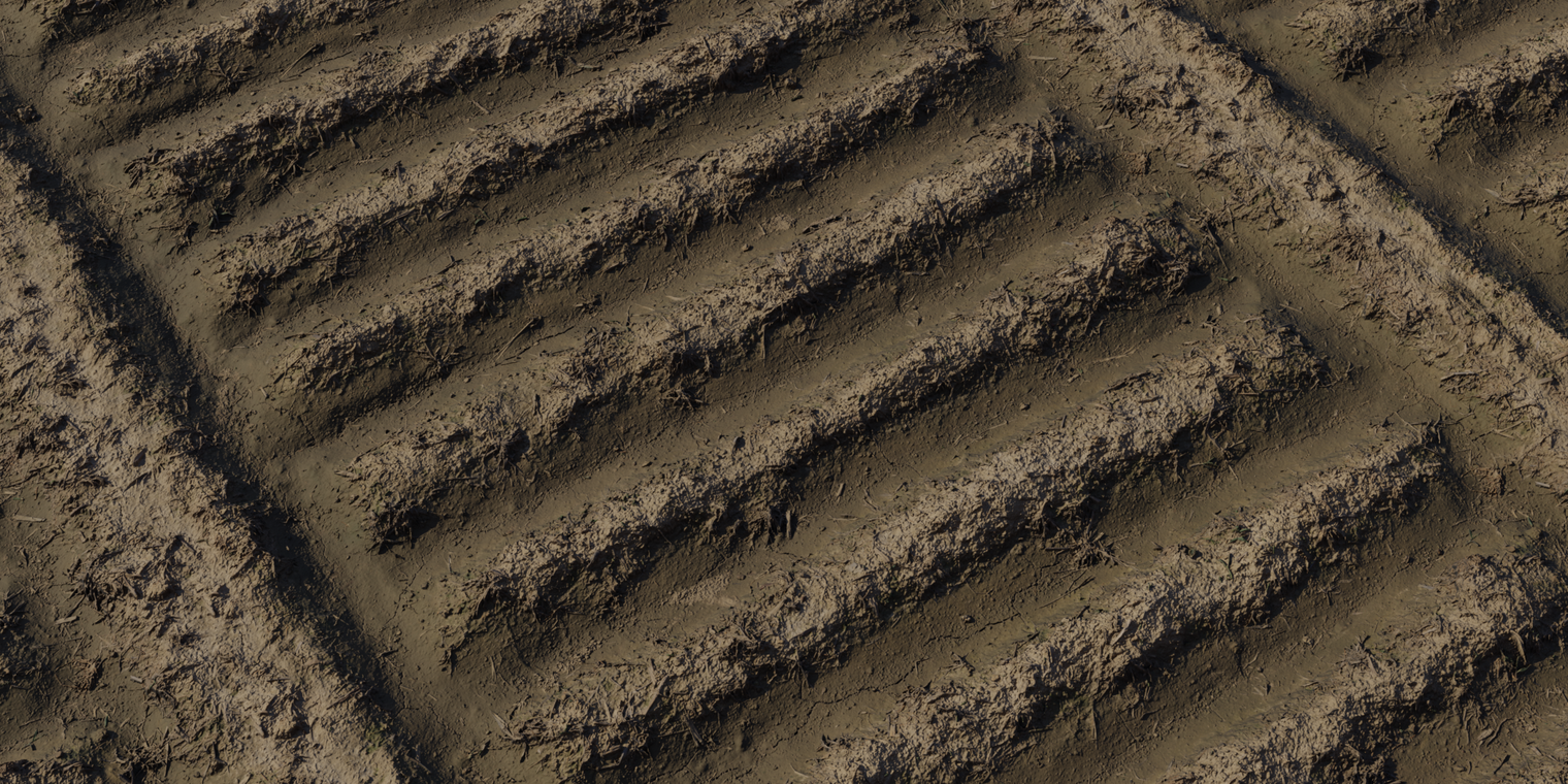 Free 8K texture of plowed farm soil with deep ridged furrows, damp brown earth, rough clods and scattered straw bits, rich micro detail and subtle sheen.