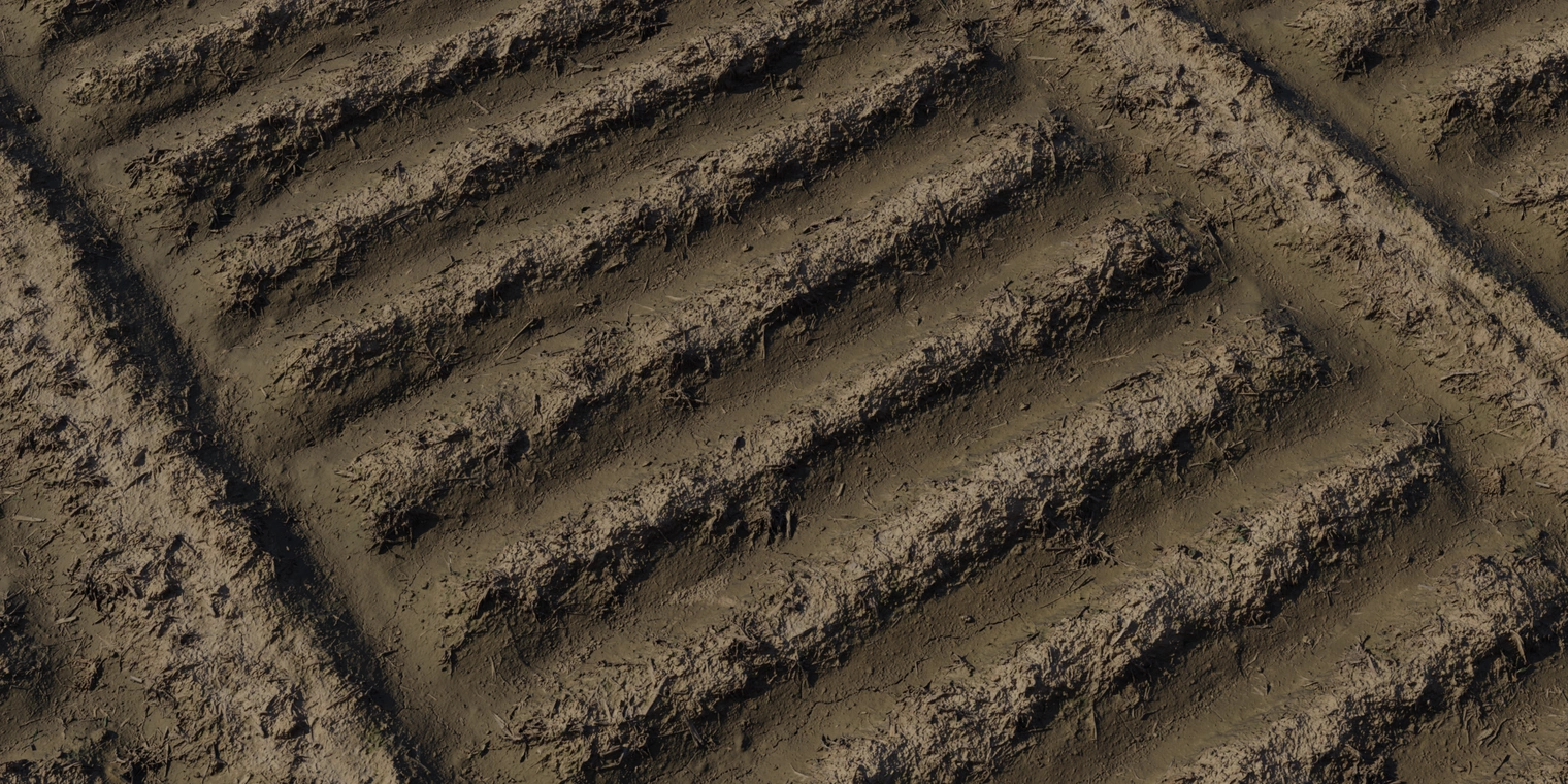 Free 8K texture of plowed farm soil with deep ridged furrows, damp brown earth, rough clods and scattered straw bits, rich micro detail and subtle sheen.