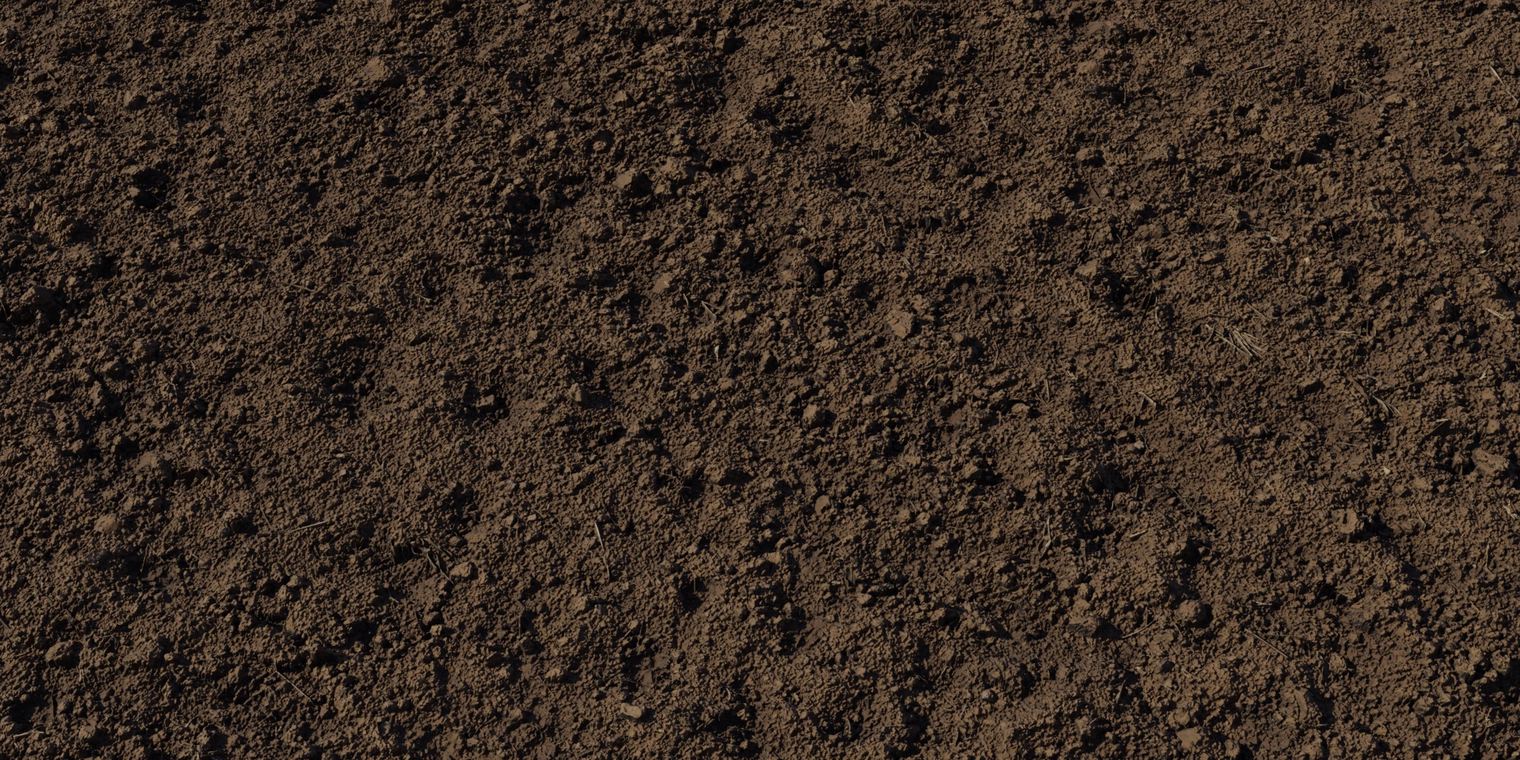 Free 8K farm soil texture with dark brown, slightly damp earth, crumbly clods, fine grit and stray roots; rough, matte surface with rich micro detail.