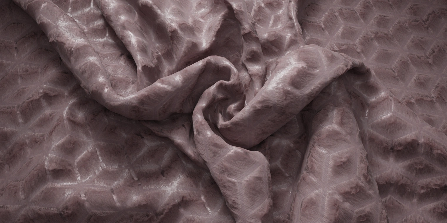 Free plush faux-fur PBR fabric with a napped, fluffy pink surface and geometric diamond pattern - luxurious, soft material for blankets, upholstery, and props.