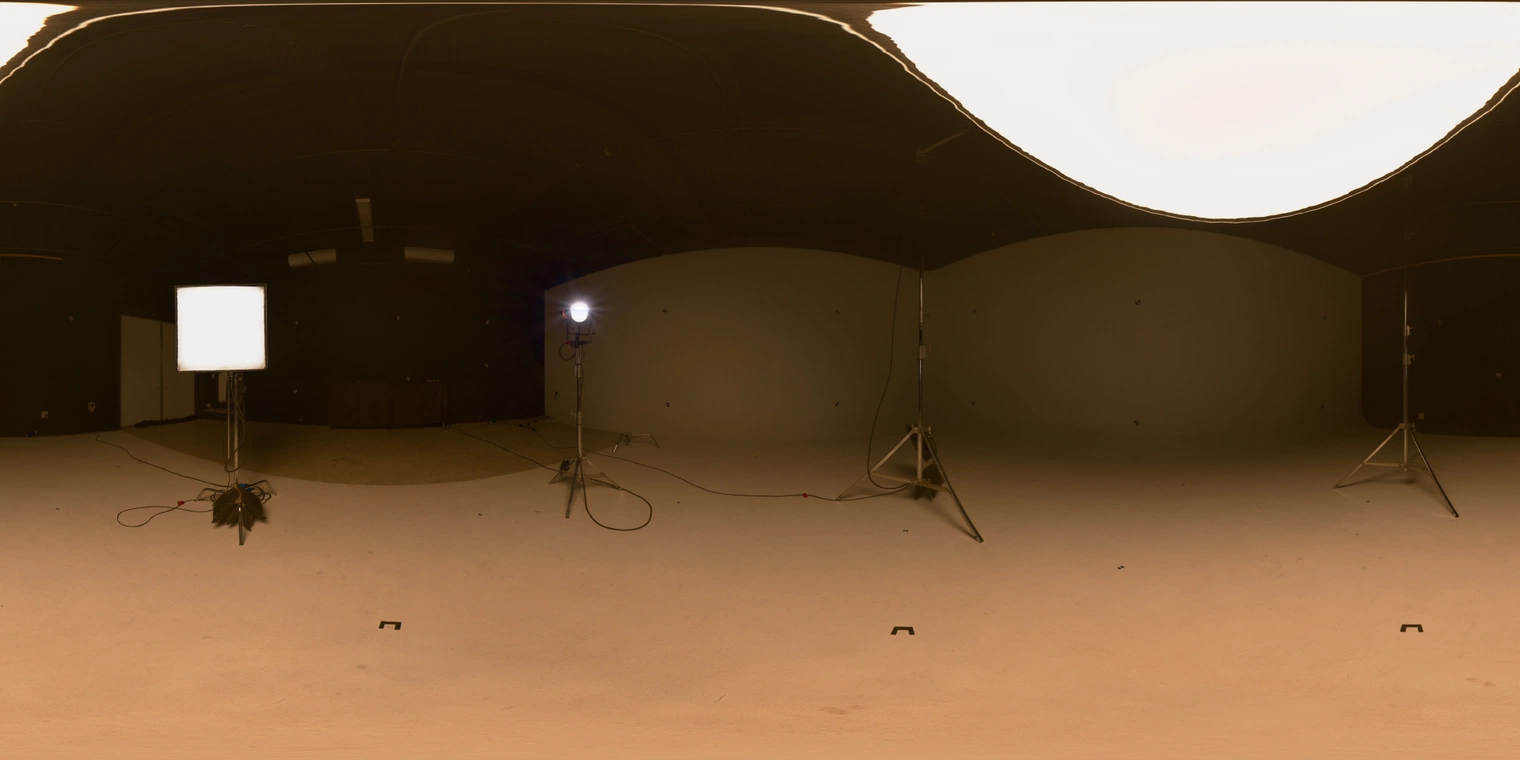 Free warm indoor studio HDRI with rectangular softbox, umbrella and spotlight - medium contrast; ideal for portraits, product shots and studio lighting.