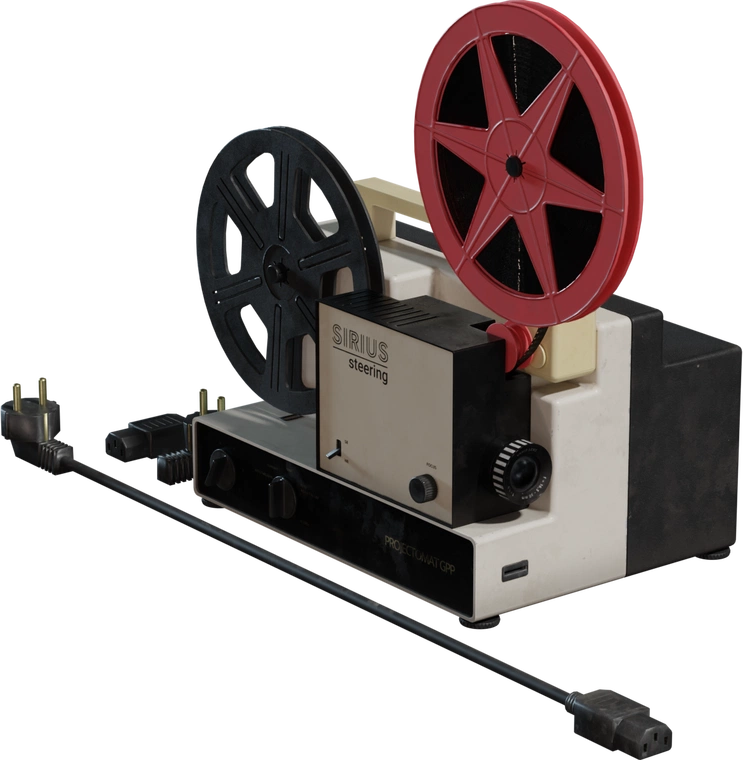 Free 8K model of a vintage 8mm film projector with red star-spoked reel, black feed reel, vented control box, textured knobs, and detailed power cord and plugs.