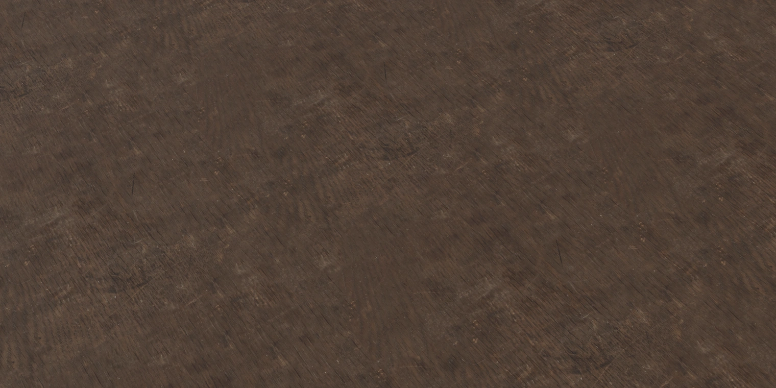Free 8K texture of fine-grained dark brown wood with subtle wear, faint scratches, dirt and a low sheen, conveying an aged, used surface.