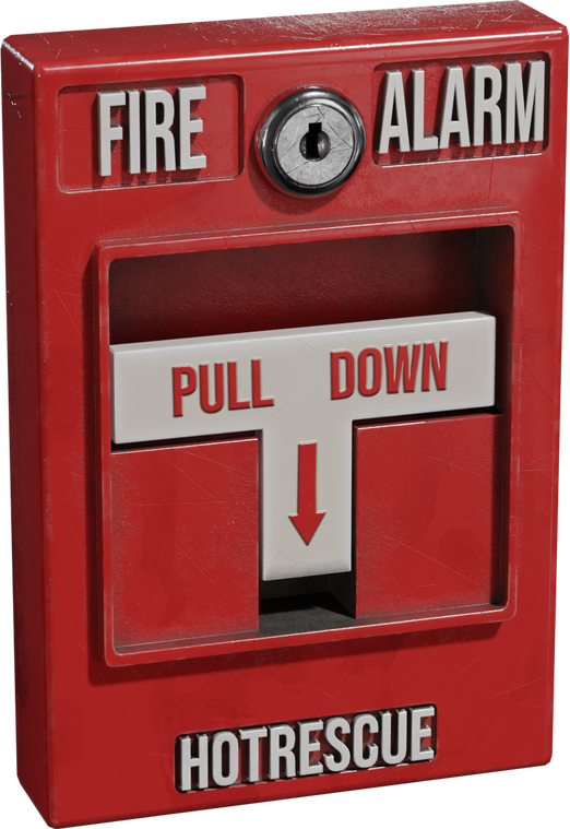 Free 4K model of a red fire alarm pull station with raised lettering, metal key lock, and realistic wear: scuffs, chips, and grime for a used look.
