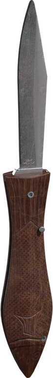 Free 4K model of a folding knife with a fish-shaped carved wooden handle, textured grip and metal rivets, and a weathered steel blade with crisp facets.