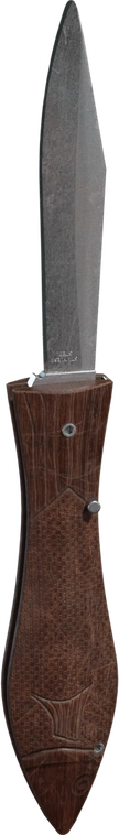 Free 4K model of a folding knife with a fish-shaped carved wooden handle, textured grip and metal rivets, and a weathered steel blade with crisp facets.