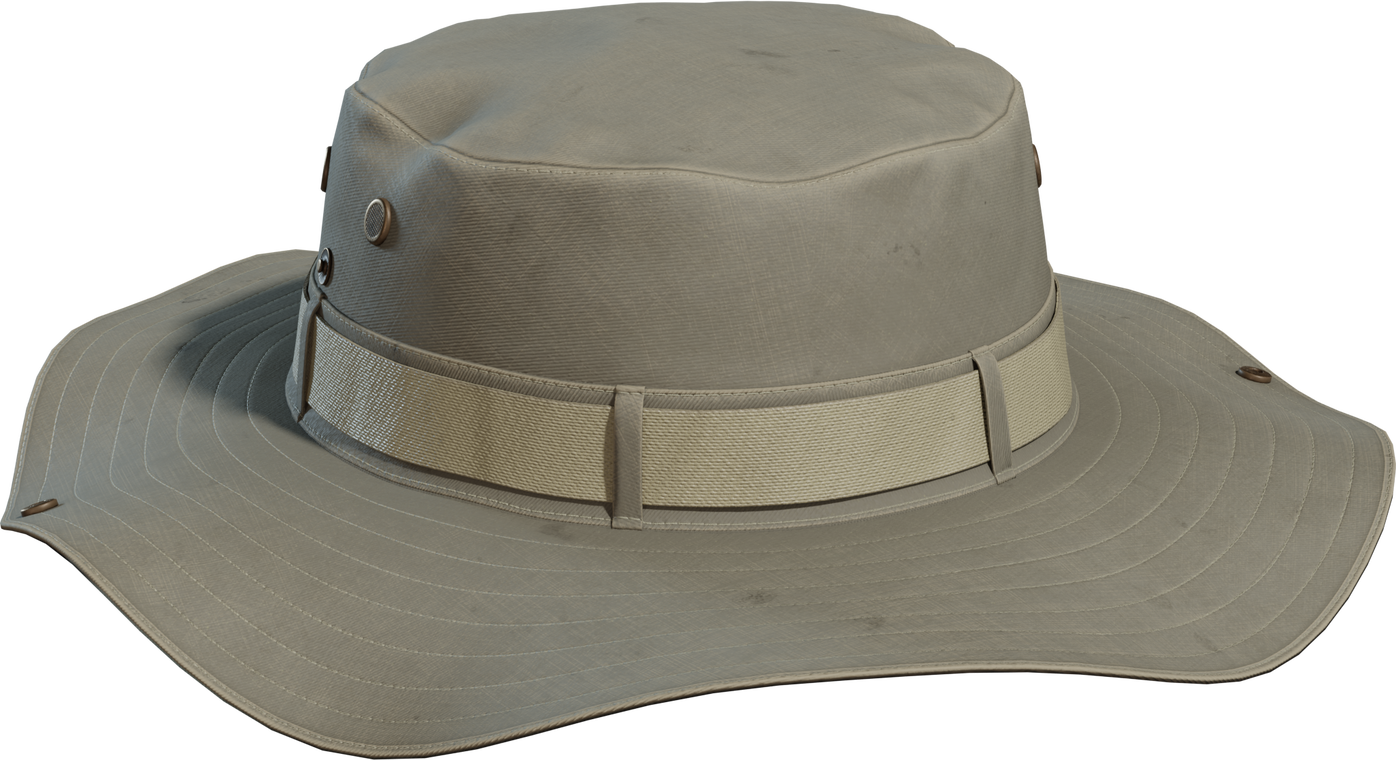 Free 4K model of a khaki fisherman's hat with wide stitched brim, canvas texture, metal eyelets, fabric band, and subtle wear.