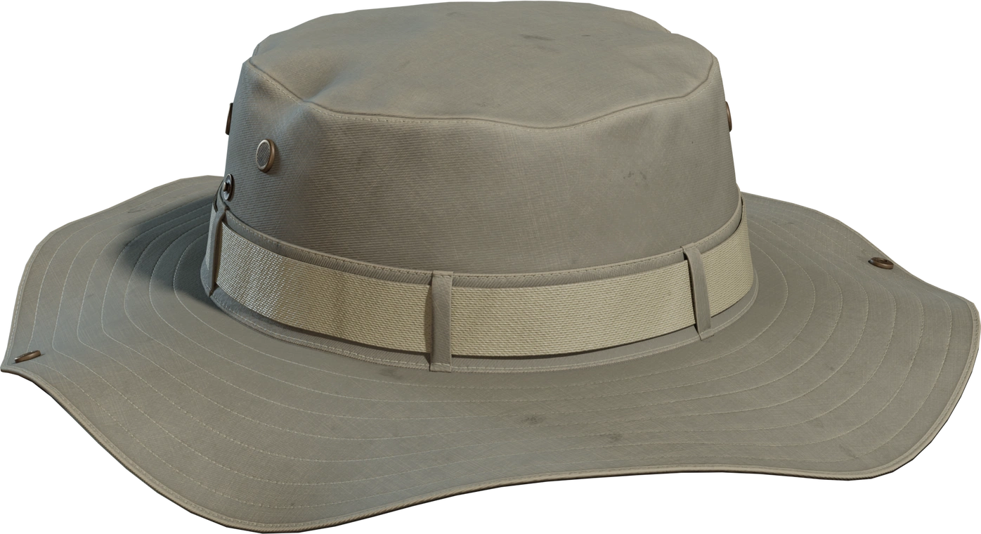 Free 4K model of a khaki fisherman's hat with wide stitched brim, canvas texture, metal eyelets, fabric band, and subtle wear.