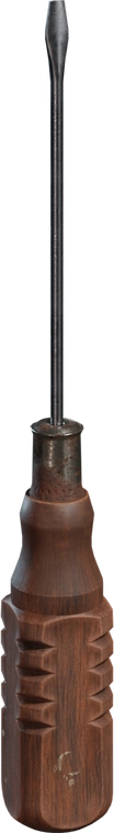 Free 4K model: weathered flathead screwdriver with carved wooden handle, corroded ferrule and worn steel shaft bearing paint marks and realistic workshop wear.