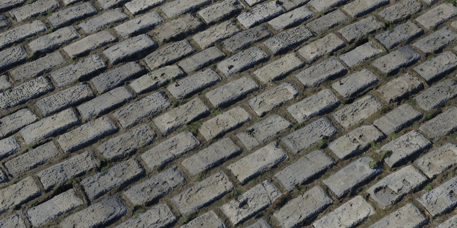 Free 16K texture: weathered outdoor floor brick material with cracked, moss-covered bricks, dirt-filled joints and scattered plant growth.