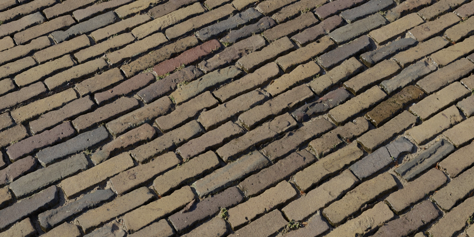 Free 8K texture of aged, worn bricks - smooth, weathered brown-yellow surfaces with mortar joints, dirt, and subtle moss.