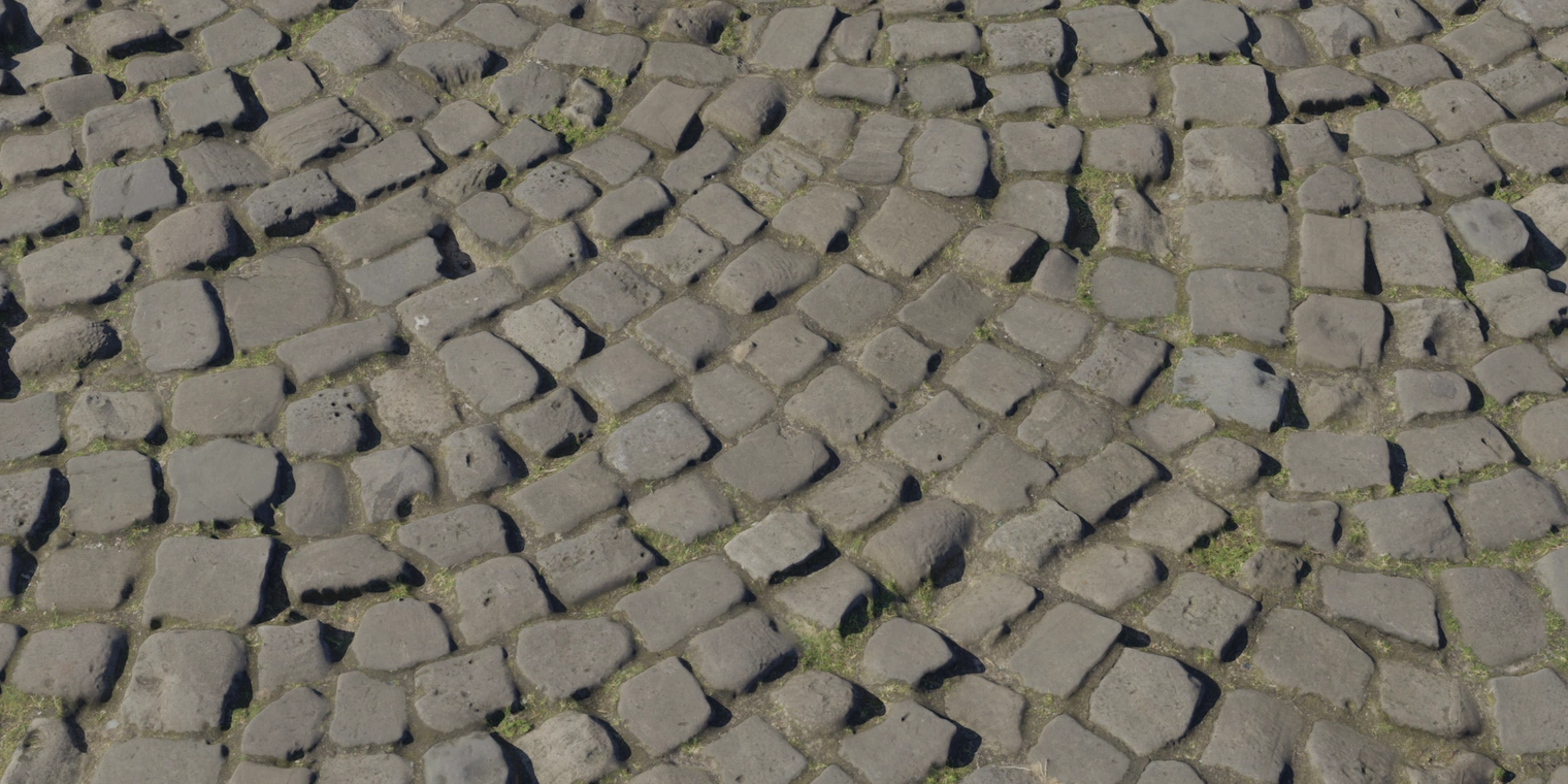 Free 8K cobblestone texture - weathered, irregular gray-brown stones with dirt-filled joints and patches of moss, rough and slightly uneven paving surface.