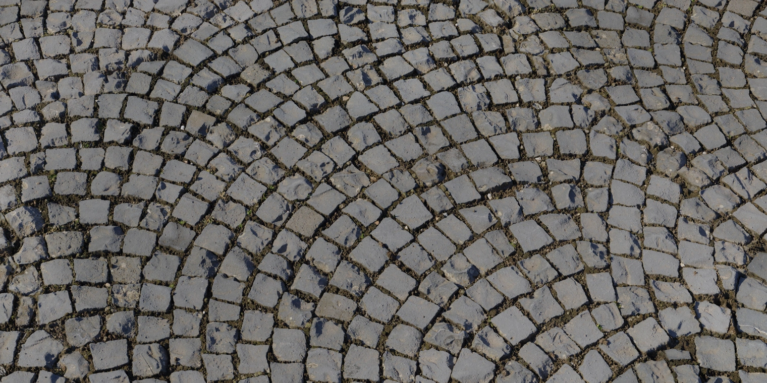 Free 8K texture of aged cobblestone pavers with irregular square stones, worn edges, dirt-filled joints and moss; rough, weathered stone surface.
