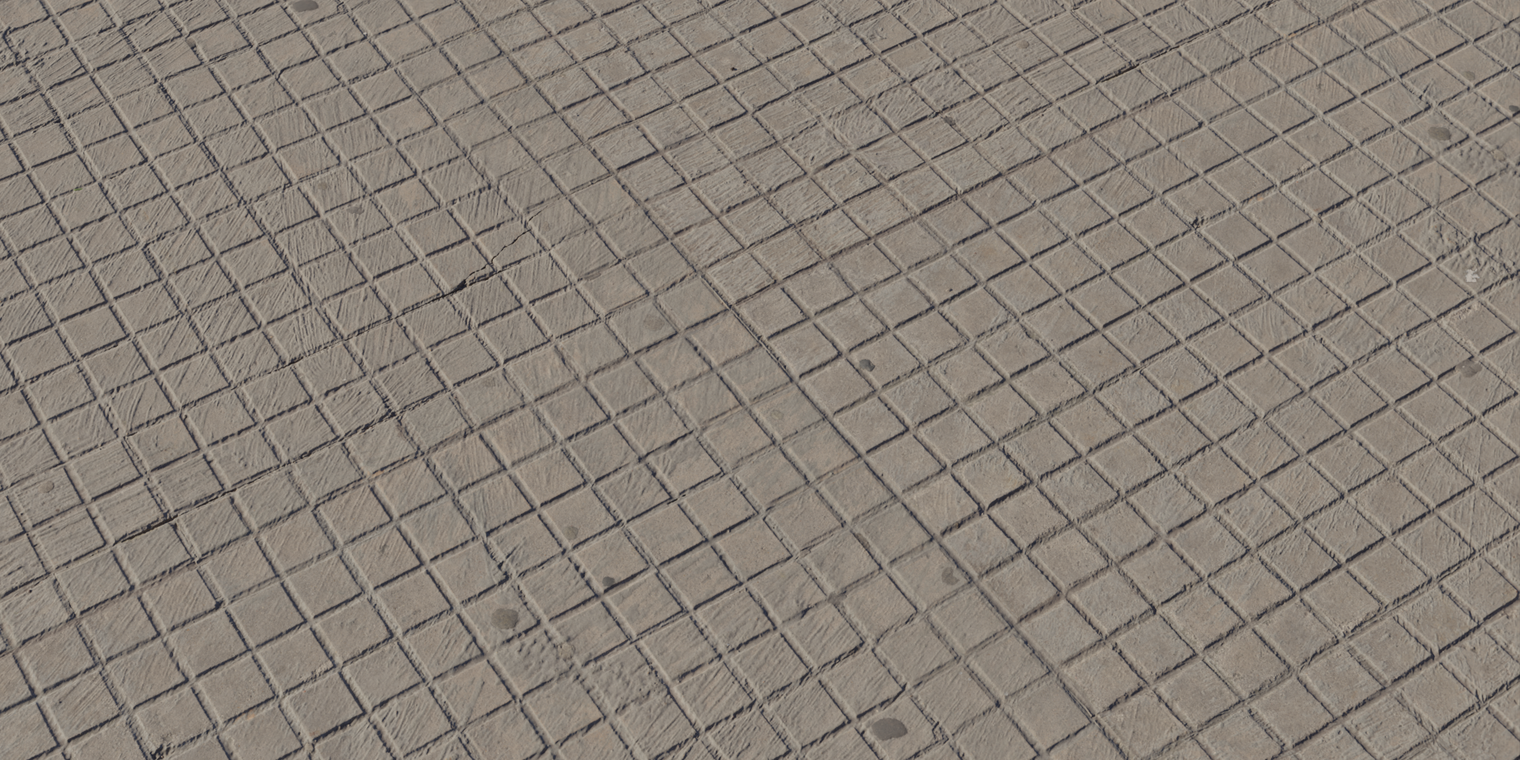 Free 8K texture of square concrete pavement: worn, cracked tiles with grout lines, chipped edges, subtle dirt, and a rough, low-relief surface.