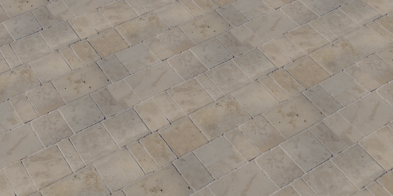 Free 8K texture: warm beige marble floor tiles with smooth yet slightly uneven square blocks, subtle veining, dirt speckles and worn grout lines.