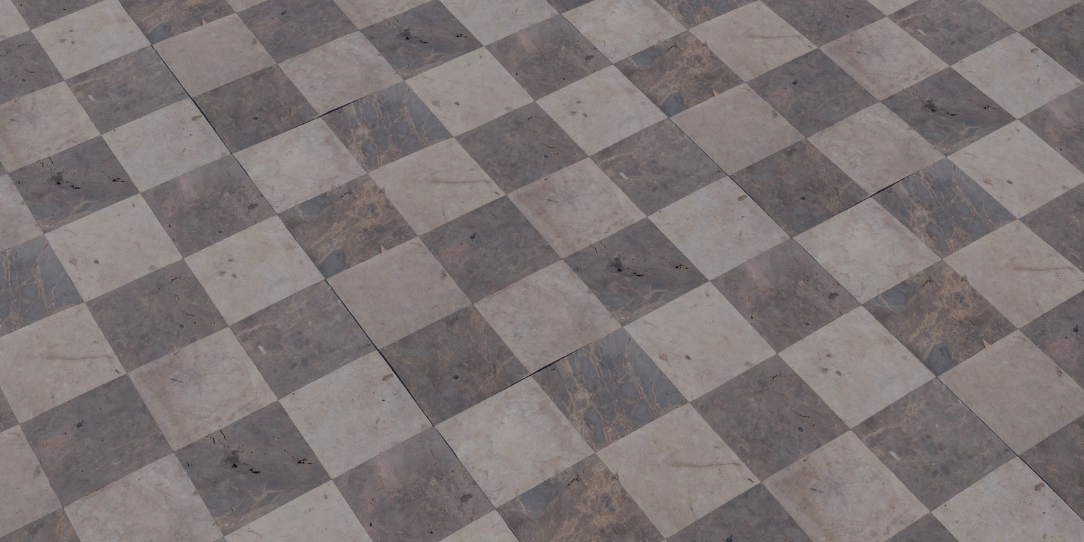 Free 8K texture of checkered marble floor tiles - alternating brown and beige squares with subtle veining, thin grout lines, light wear, scuffs and low gloss.