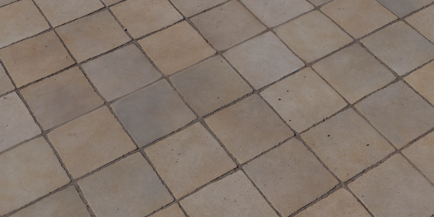 Free 8K texture of beige ceramic square tiles in a regular grid, matte finish with subtle wear, shallow grout lines, tiny chips and fine surface roughness.