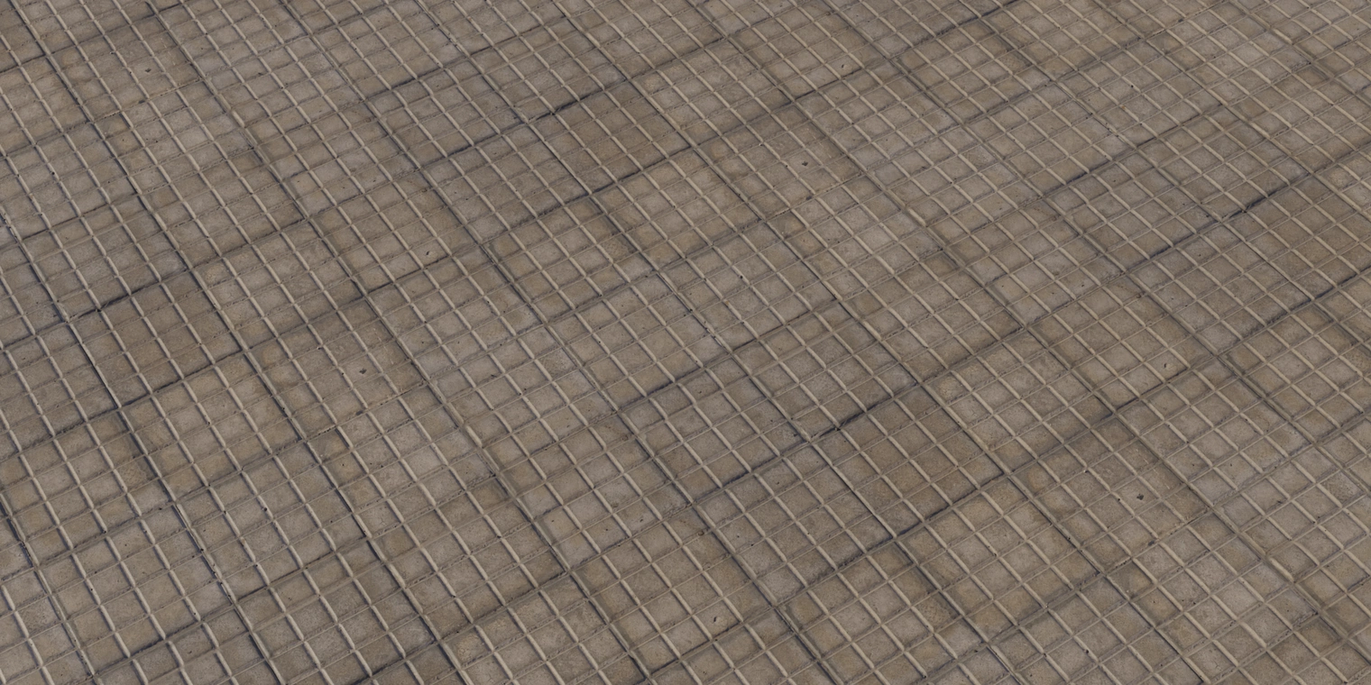 Free 8K texture of square Soviet-era concrete sidewalk tiles with grid joints, rough worn surface, subtle dirt and unevenness.