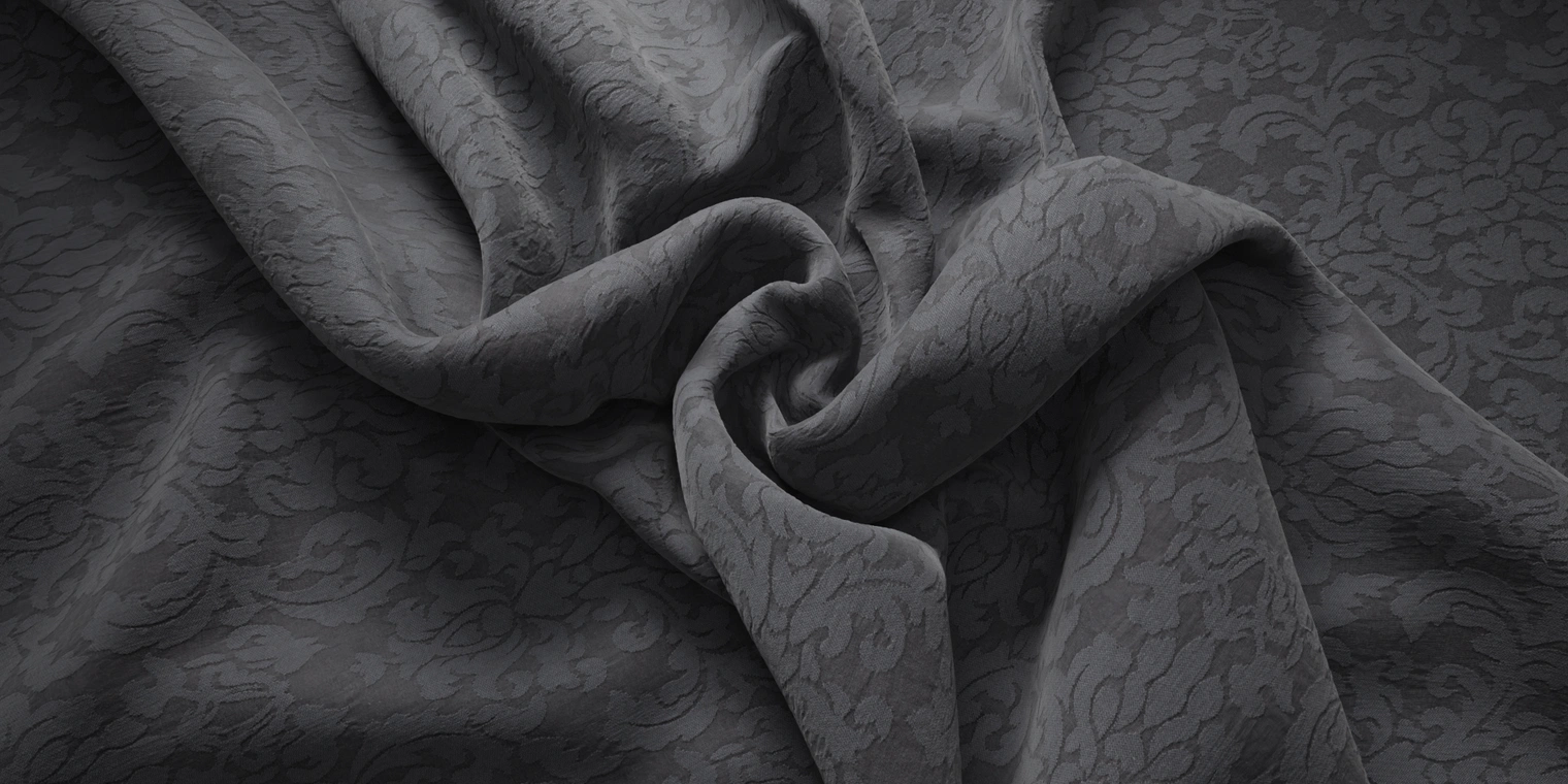 Free rich black jacquard fabric with embossed floral weave - tactile PBR-ready surface, subtle sheen and pronounced normals, ideal for upholstery, drapery, and garments.