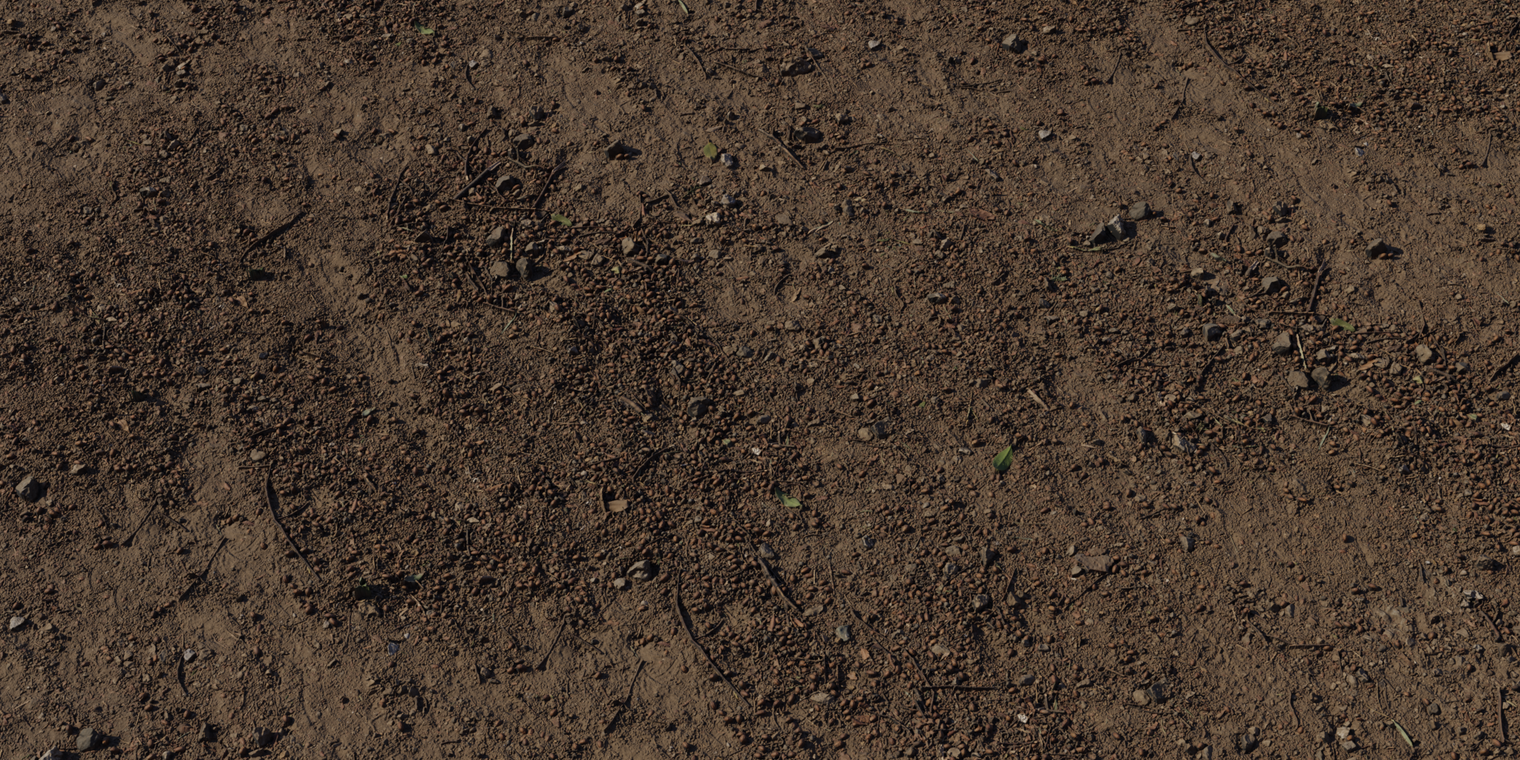 Free 8K forest ground texture with compacted dark soil, scattered pebbles, twigs and leaf flecks, subtle damp sheen and varied roughness.
