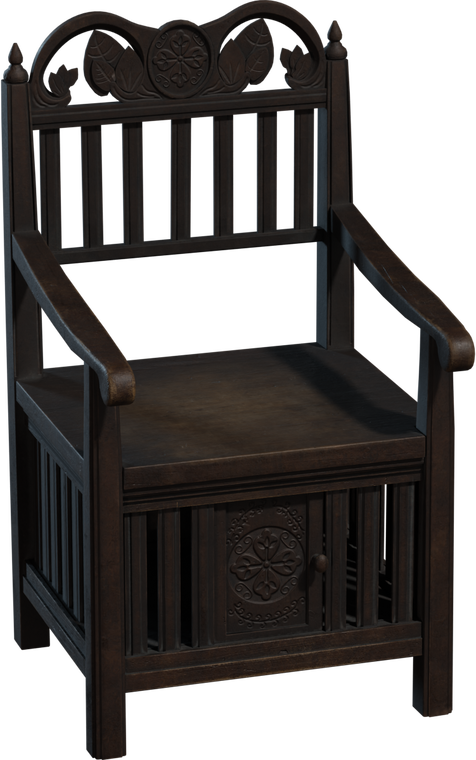 Free 4K model: dark-stained antique Filipino gallinera chair with carved floral backrest, slatted sides and front storage door, solid wooden frame.