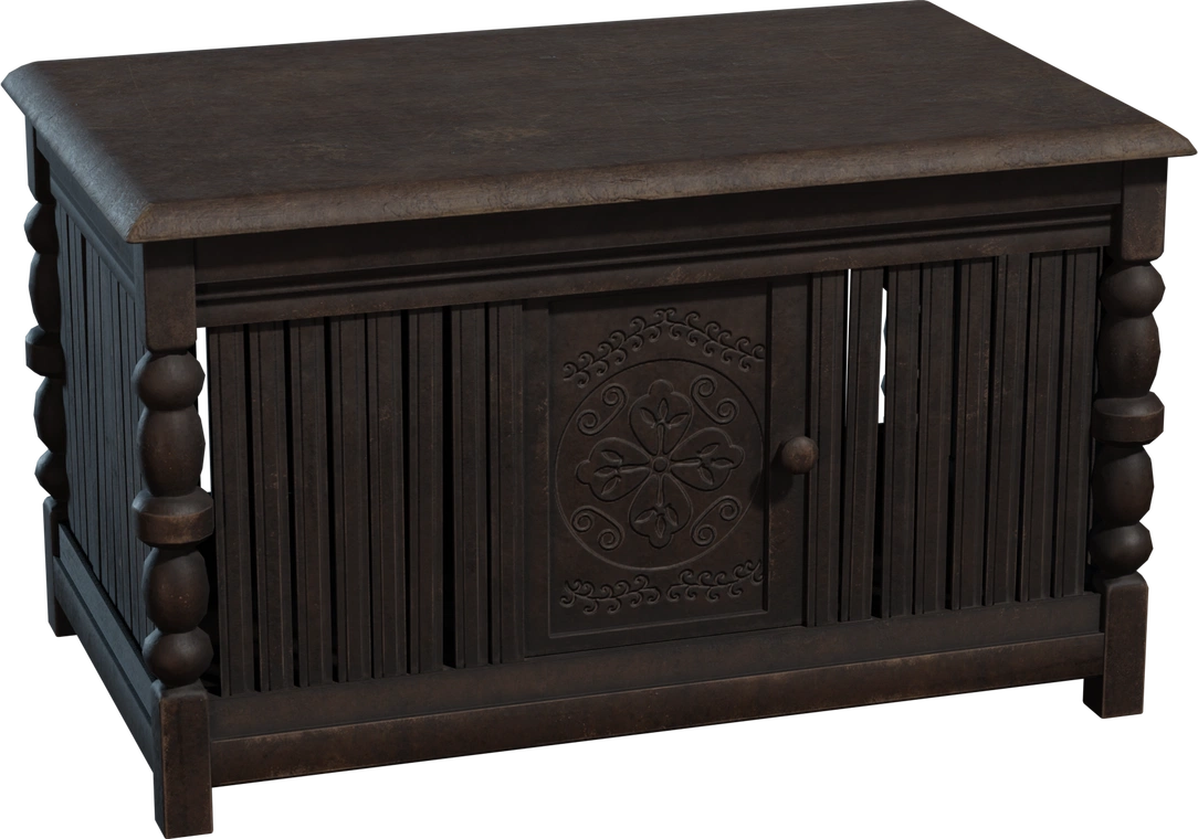 Free 4K model: antique Filipino wooden gallinera table with carved floral medallion, vertical slats, turned spindle corner posts and a worn dark patina.