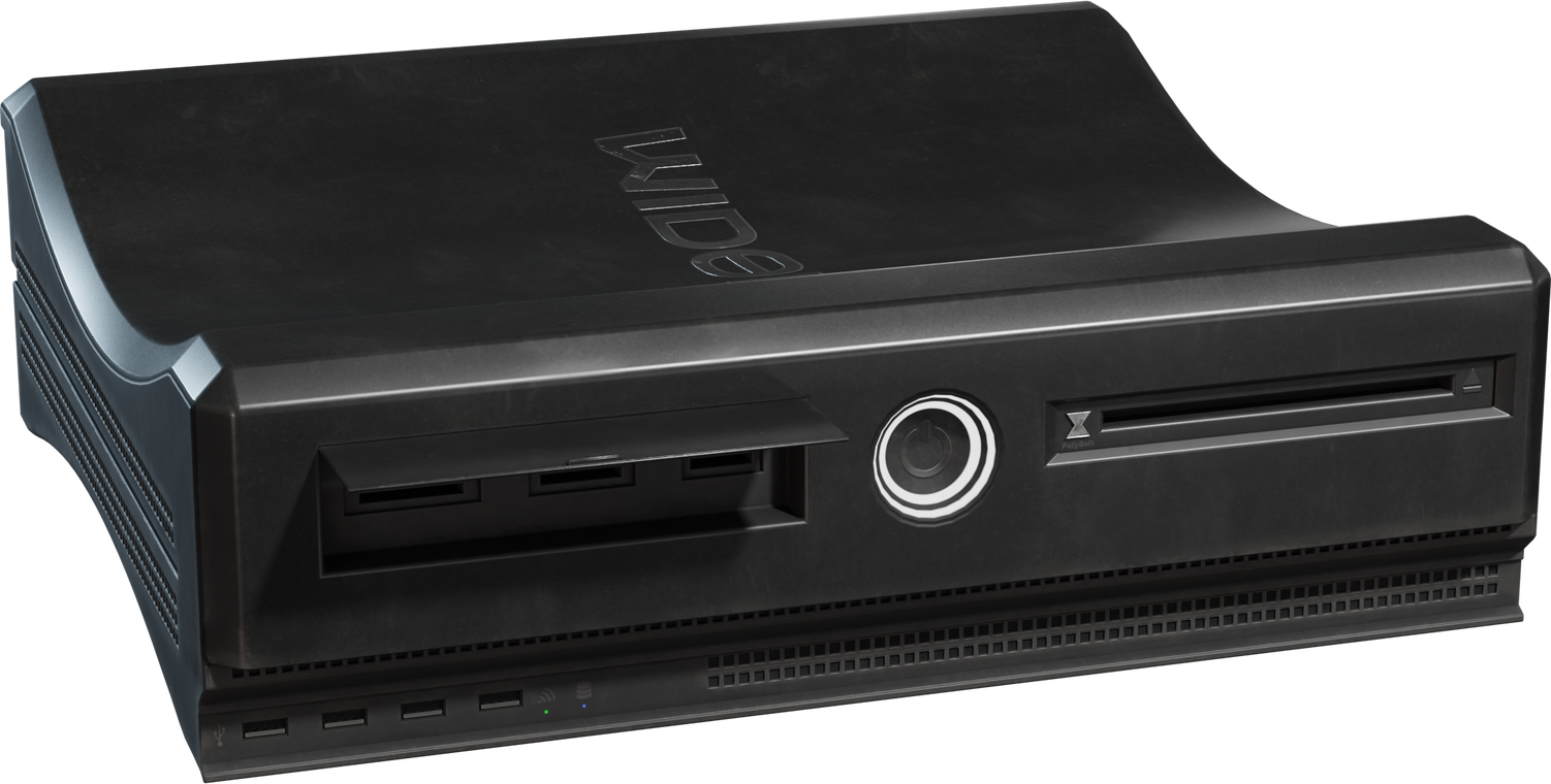 Free 8K model. Matte black gaming console with curved shell, front disc slot, circular illuminated power button, multiple front ports and ventilation details.