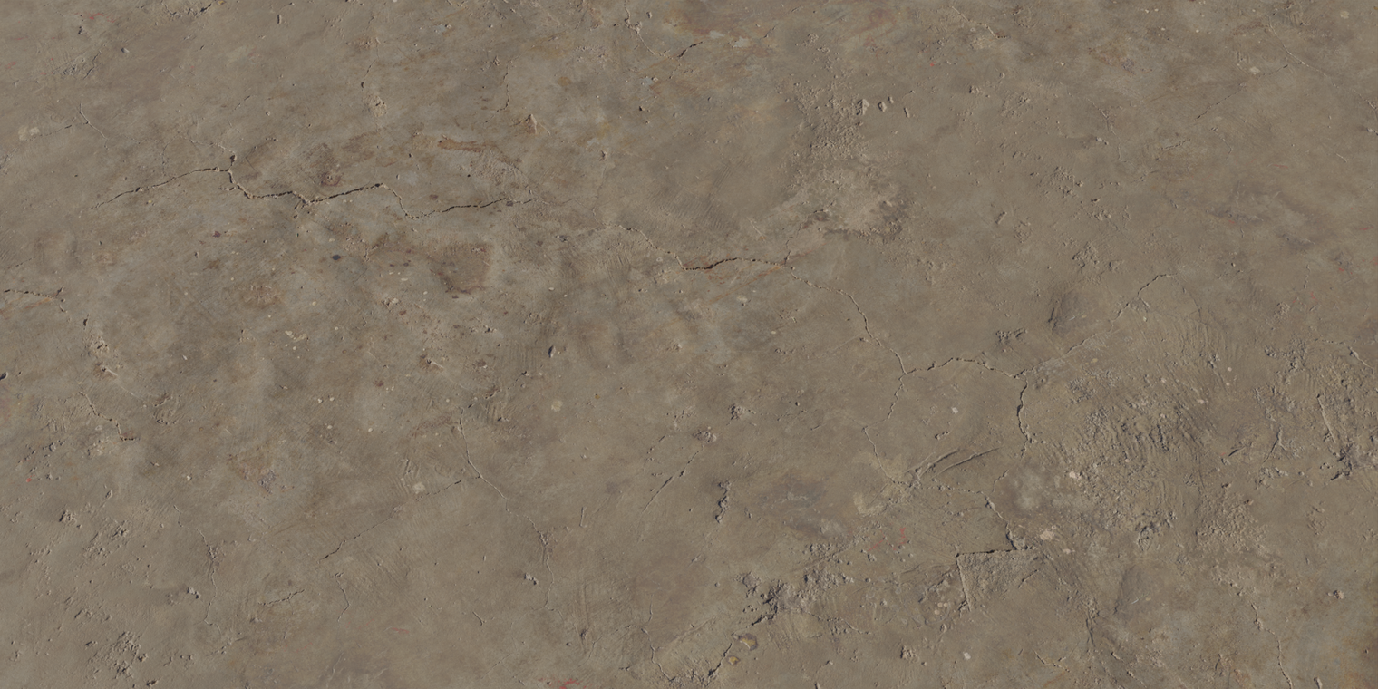 Free 8K texture of a weathered, stained concrete garage floor with cracks, chips, scuffs and grungy discoloration - a battered industrial cement surface.