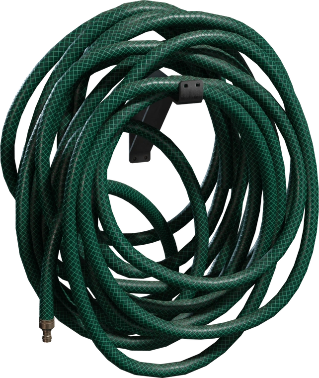 Free 8K model of a coiled green garden hose on a metal wall bracket, textured rubber weave, brass fitting, chipped paint and light grime.