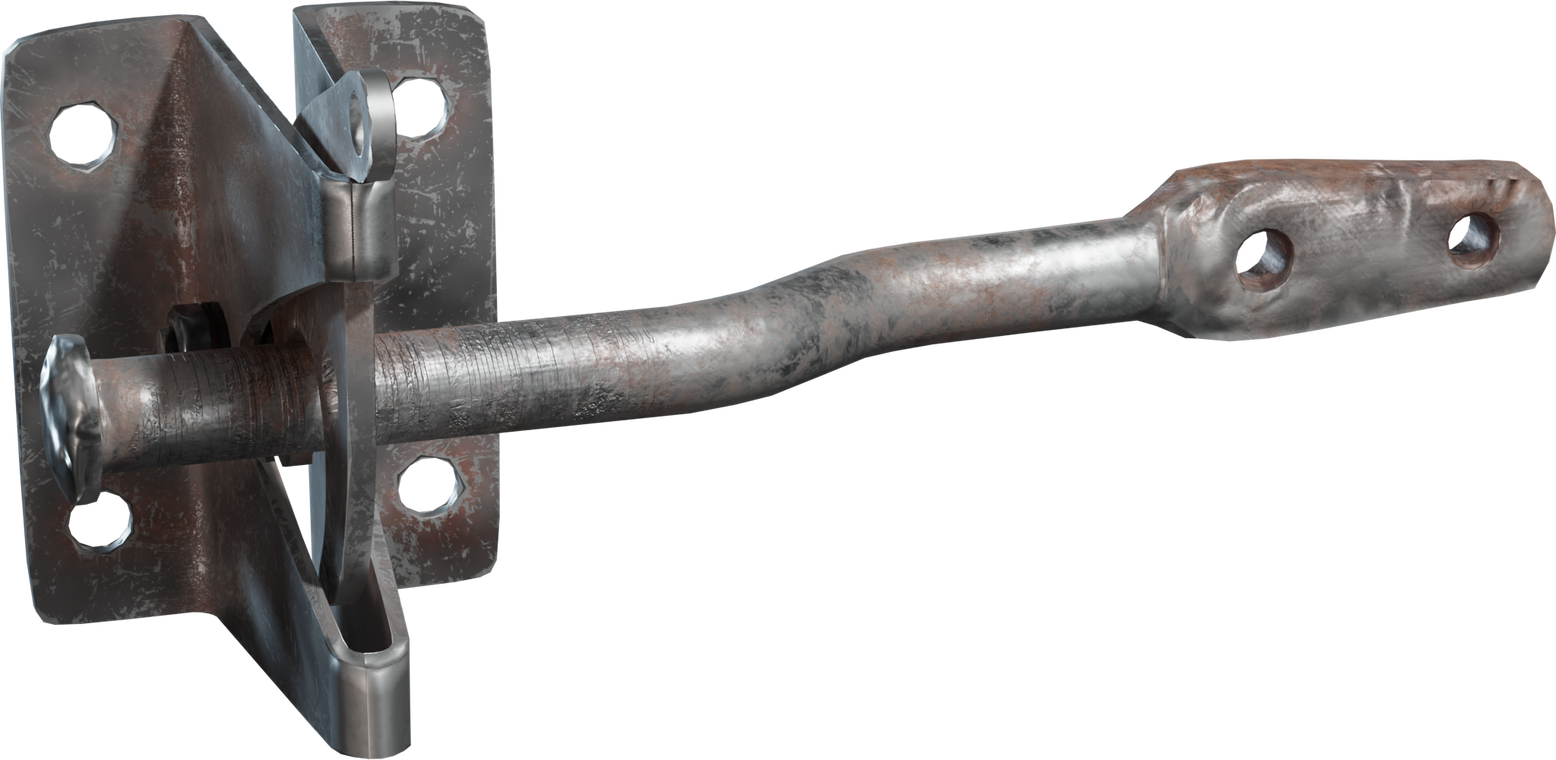 Free 4K model. Weathered metal gate latch with bent bolt, mounting plates and screw holes - scratched, rusted finish with hand-forged farmhouse character.