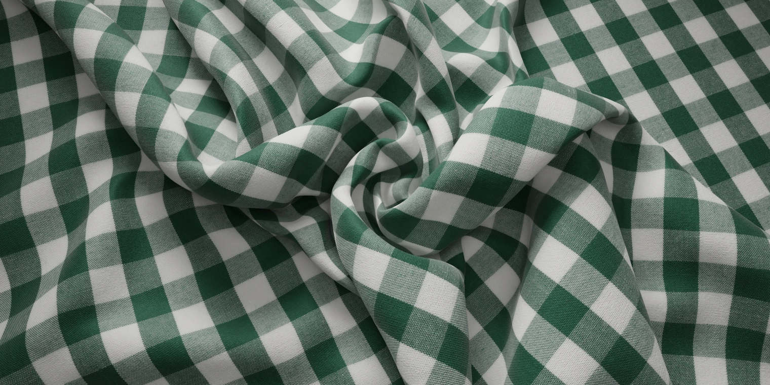 Free cotton gingham texture - green & white checkered woven fabric with subtle fiber detail; great for tablecloths, picnic scenes, and apparel.