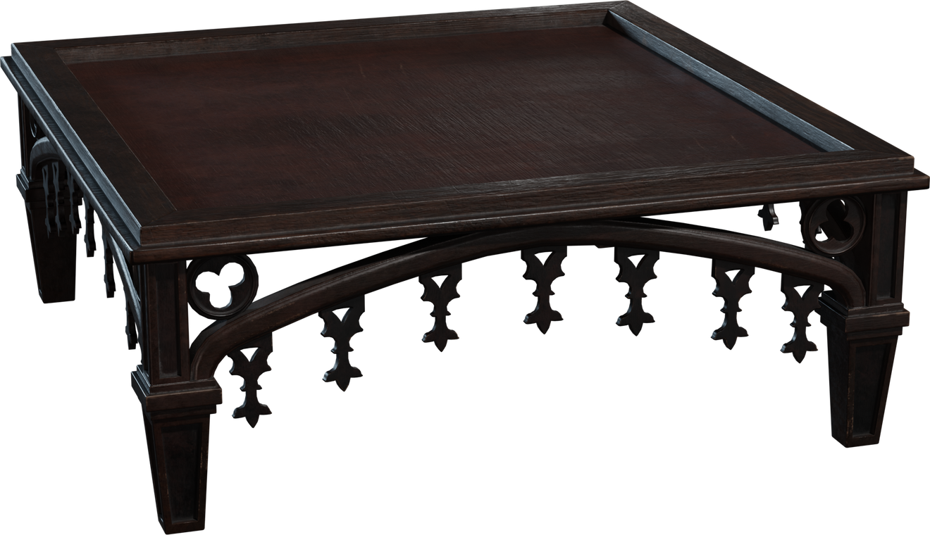 Free 8K model of a Gothic wooden coffee table featuring ornate details, dark antique finish, medieval motifs, rich wood grain and aged patina.