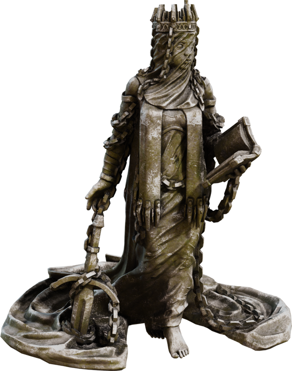 Free 8K model of a weathered gothic statue: robed, veiled figure with crown, heavy chains, book and sword. Mossy stone, chipped edges, detailed base.