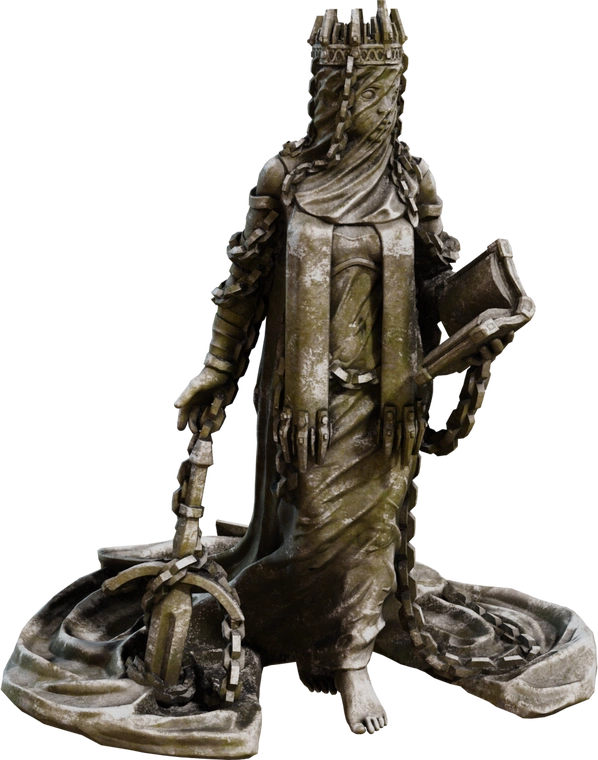 Free 8K model of a weathered gothic statue: robed, veiled figure with crown, heavy chains, book and sword. Mossy stone, chipped edges, detailed base.