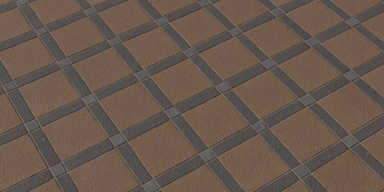 Free 8K texture of multicolored granite tiles: warm brown square stone tiles with dark slate grid and subtle rough stone surface, crisp grout lines and low sheen.