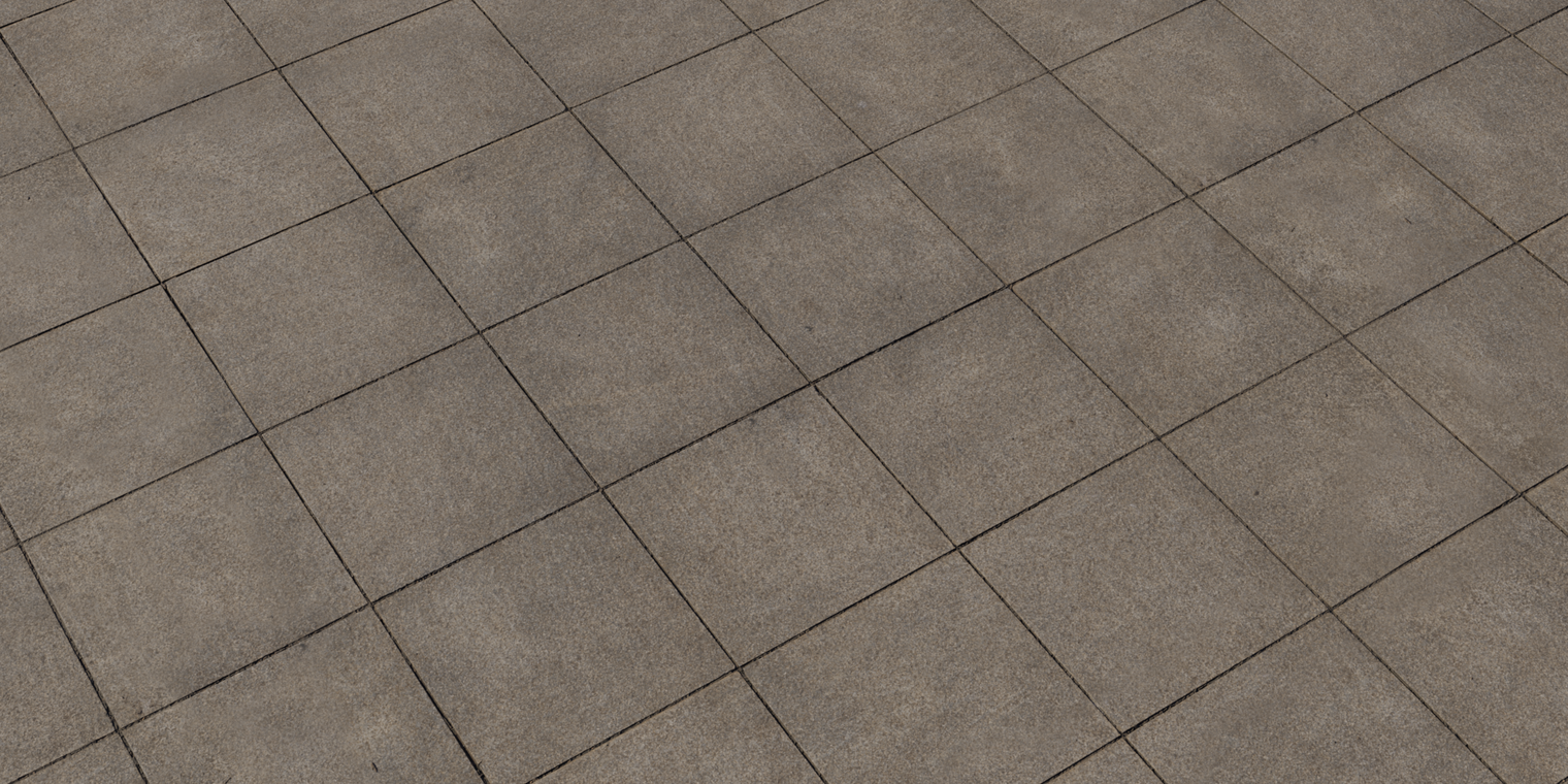 Free 8k texture: weathered brown‑grey granite tiles with coarse grain, thin recessed joints, rough matte surface, worn edges and subtle speckling.