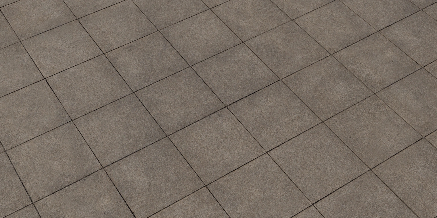 Free 8k texture: weathered brown‑grey granite tiles with coarse grain, thin recessed joints, rough matte surface, worn edges and subtle speckling.