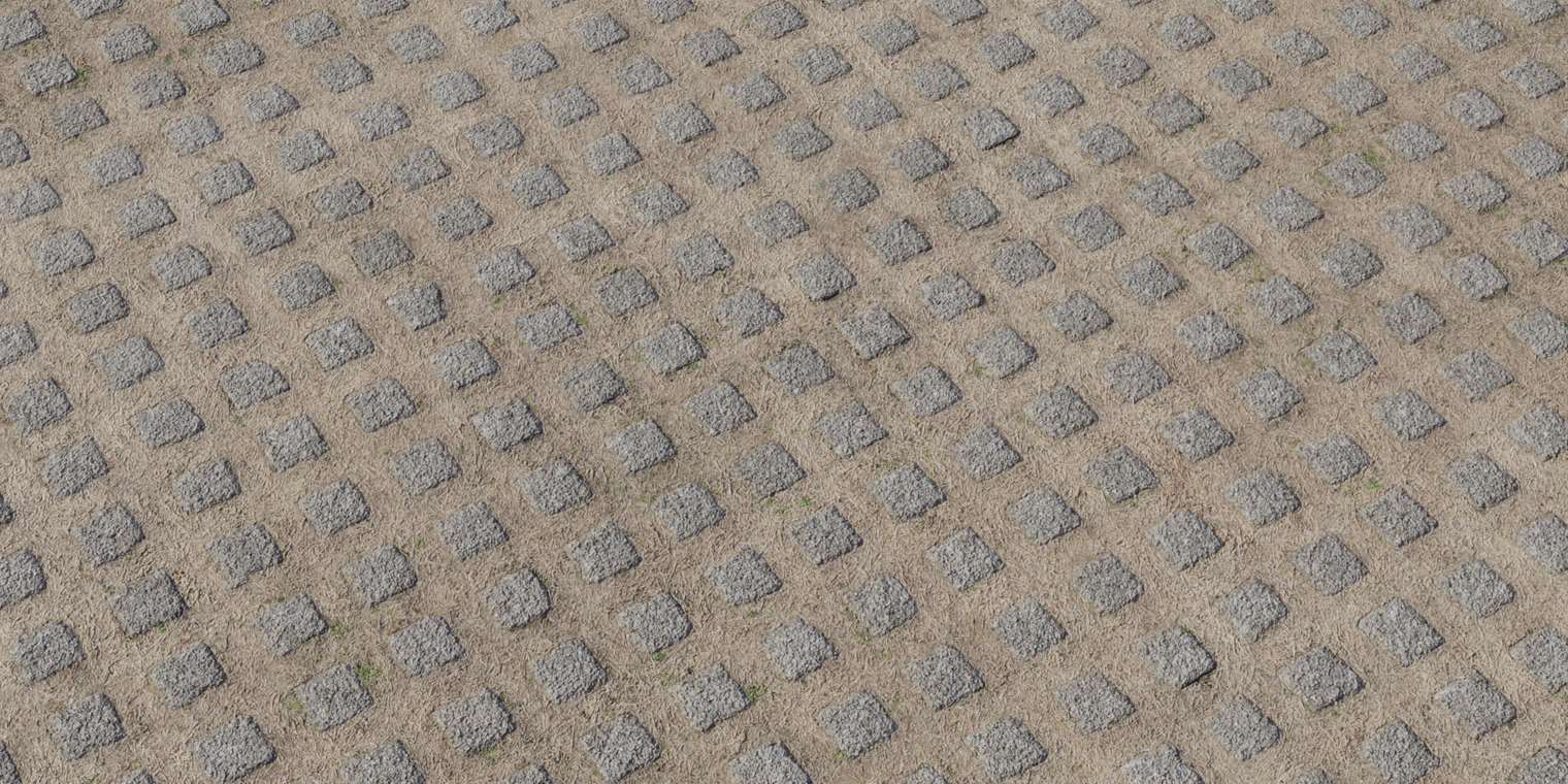 Free 8K texture of rough, weathered concrete blocks set in dry, discolored grass - uneven, worn grey pavers with fibrous dead turf and subtle green moss.