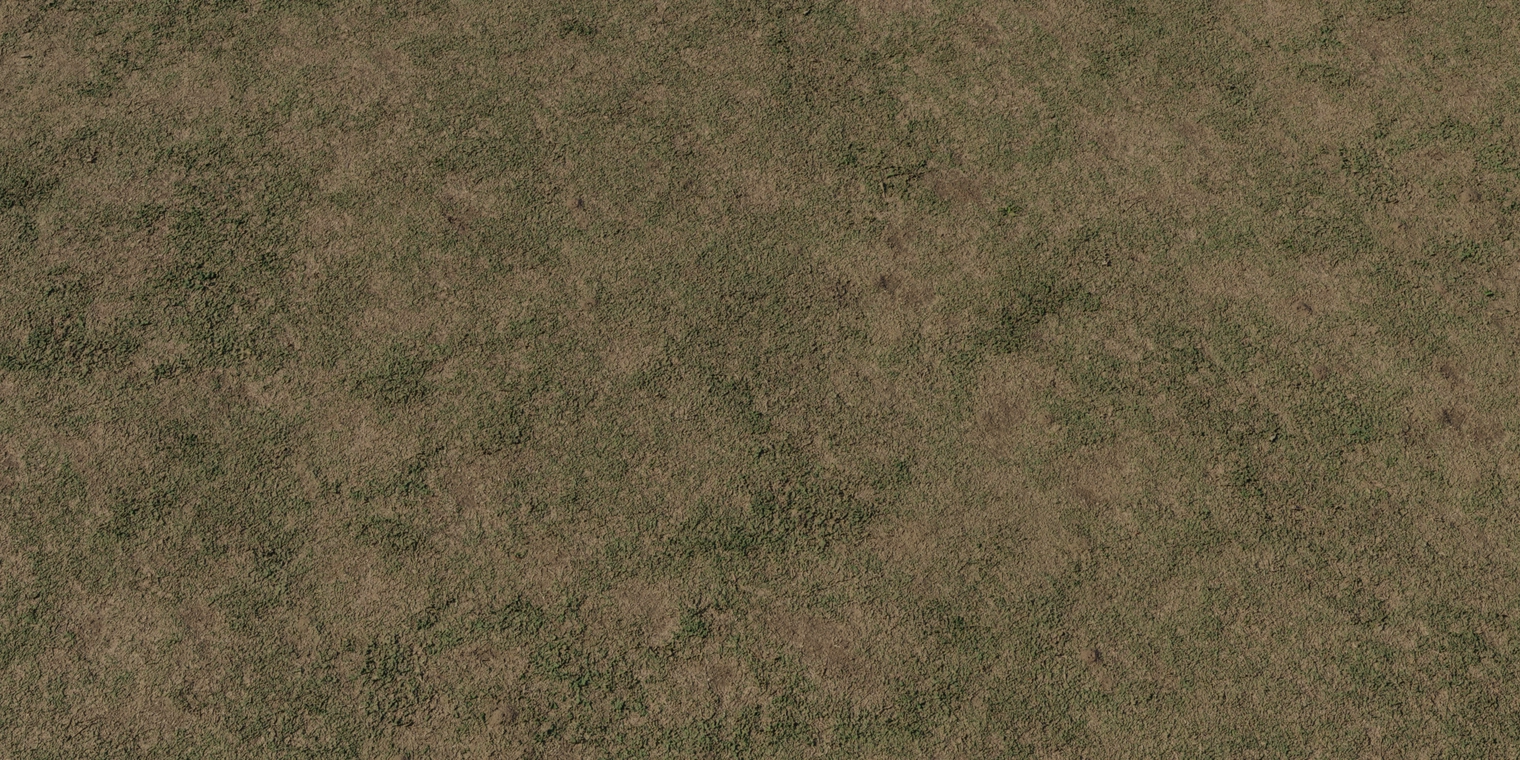 Free 16K texture of worn grass on soil, matte and rough, with fine micro-bumps, subtle height, and natural brown-green variation.