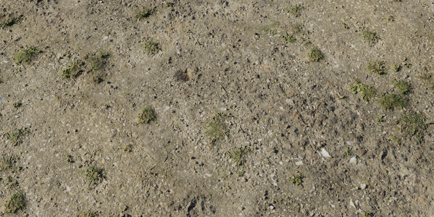 Free 8K texture of a compacted dirt path with scattered stones and small grass tufts, rough, grainy earth with subtle displacement and worn, patchy areas.