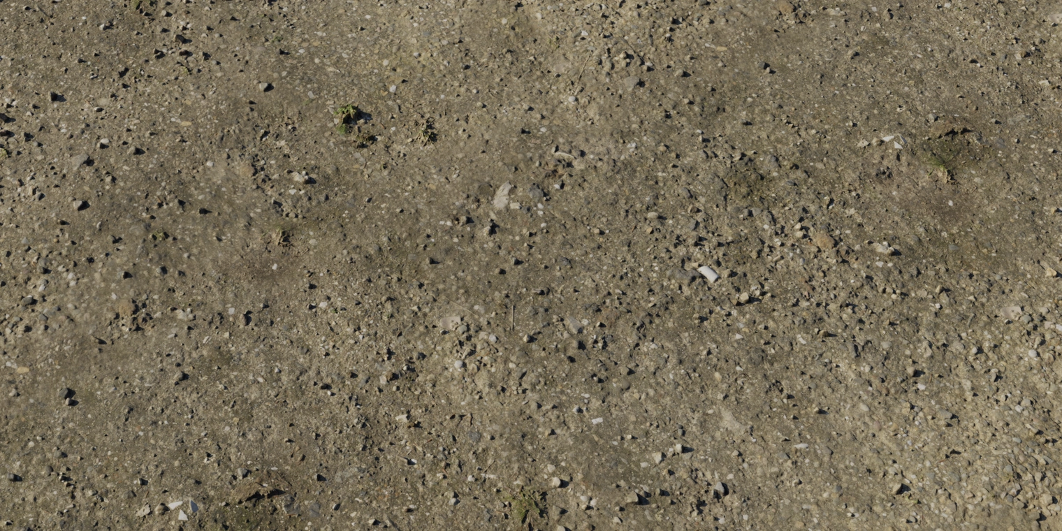 Free 8K texture of a compacted dirt and gravel grass path with small stones, patchy grass tufts and subtle wear, rough, slightly glossy soil surface.